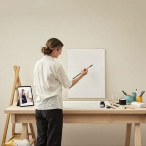 Genial Zeichnen - Online Zeichenkurs - Zeichnerin am Tisch mit Japanpinsel - iPad links senkrecht - erstellt per Fotomontage und KI firefly nanobanana flux1 - copyright Marco Di Carlo